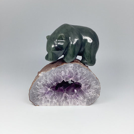 Canadian Jade Bear Carving on Amethyst Base