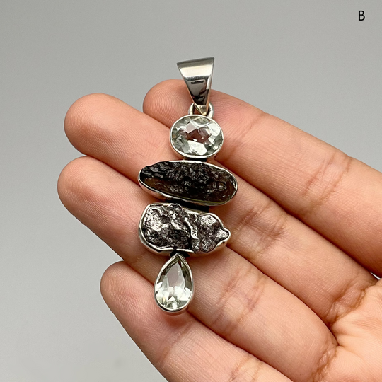 Moldavite with Green Amethyst and Campo Del Cielo Meteorite Pendant