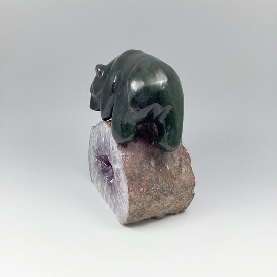 Canadian Jade Bear Carving on Amethyst Base