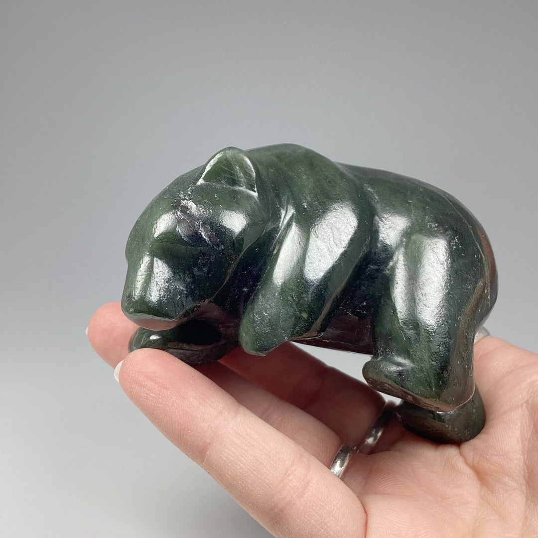 Canadian Jade Bear Carving on Amethyst Base