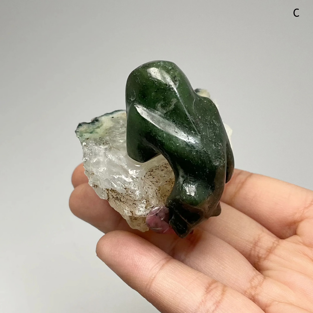 BC Jade Bear Carving with Rhodonite Fish on Natural Agate Base