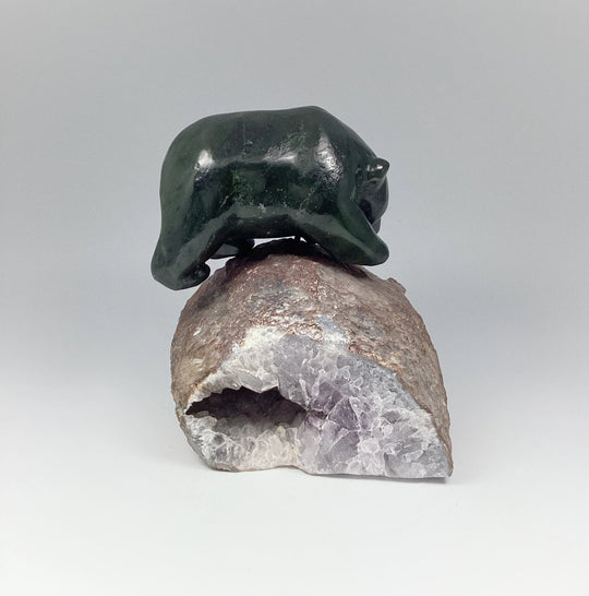 Canadian Jade Bear Carving on Amethyst Base