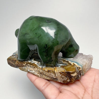 BC Jade Bear with Fish Carving on Quartz Base