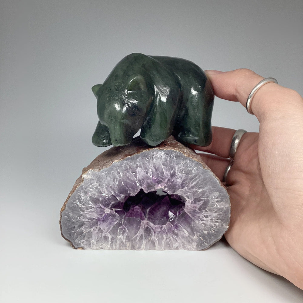 Canadian Jade Bear Carving on Amethyst Base