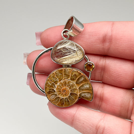 Golden Ammonite with Rutilated Quartz and Citrine Pendant