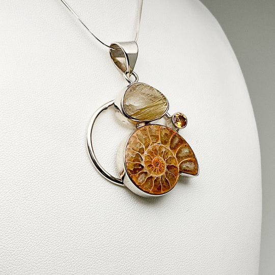 Golden Ammonite with Rutilated Quartz and Citrine Pendant