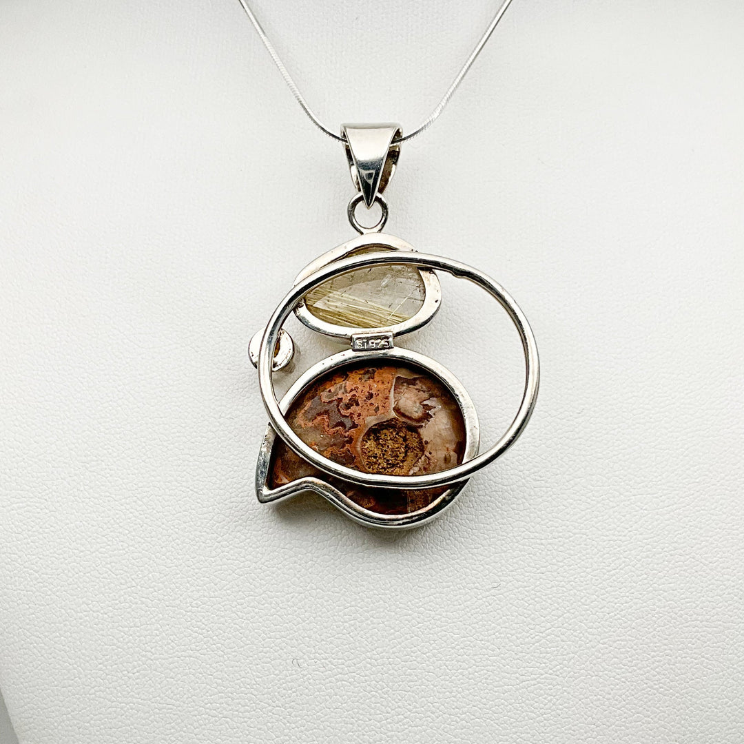 Golden Ammonite with Rutilated Quartz and Citrine Pendant