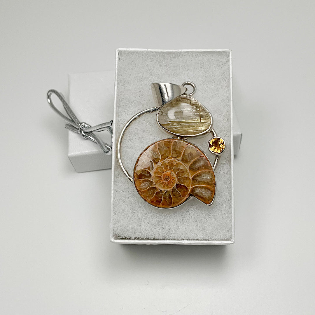 Golden Ammonite with Rutilated Quartz and Citrine Pendant