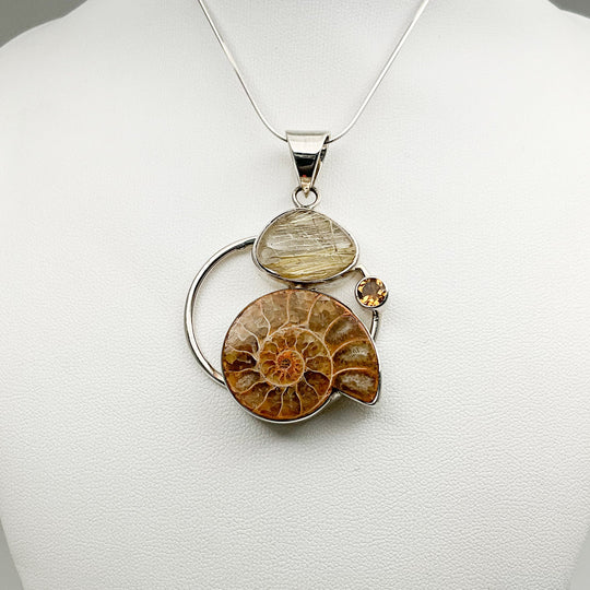 Golden Ammonite with Rutilated Quartz and Citrine Pendant