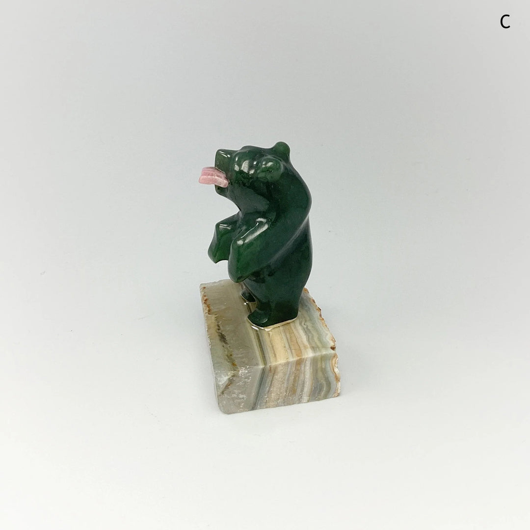 Jade Bear Carving with Rhodonite Fish on Base