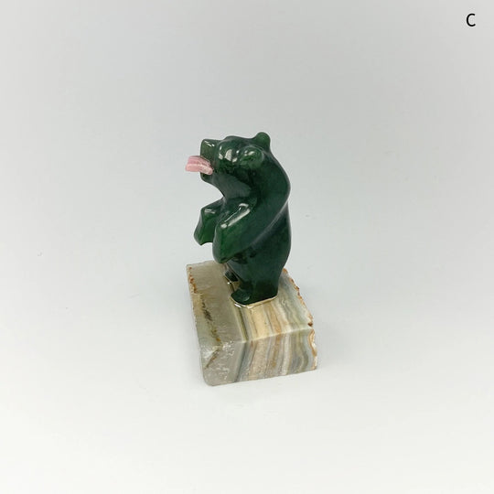 Jade Bear Carving with Rhodonite Fish on Base