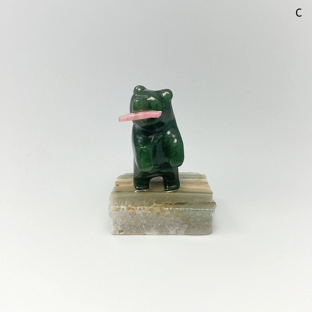 Jade Bear Carving with Rhodonite Fish on Base