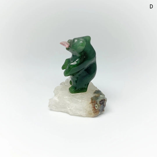 Jade Bear Carving with Rhodonite Fish on Base