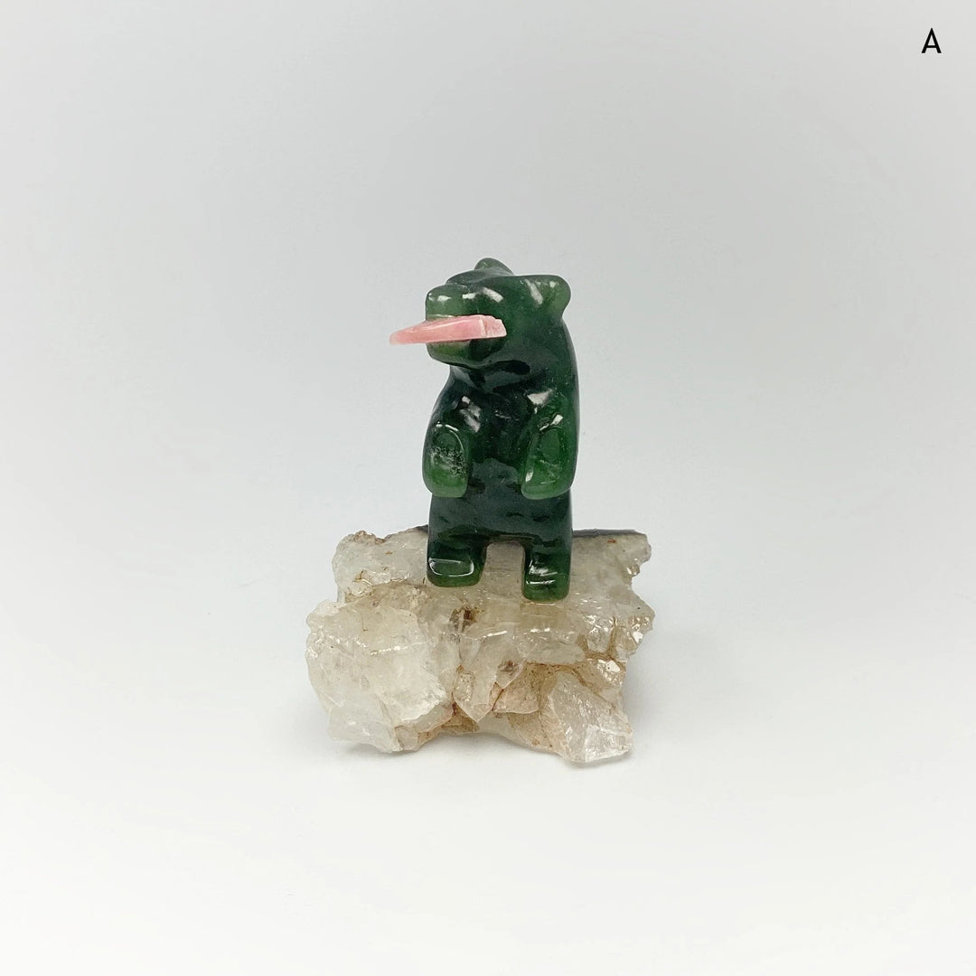 Jade Bear Carving with Rhodonite Fish on Base