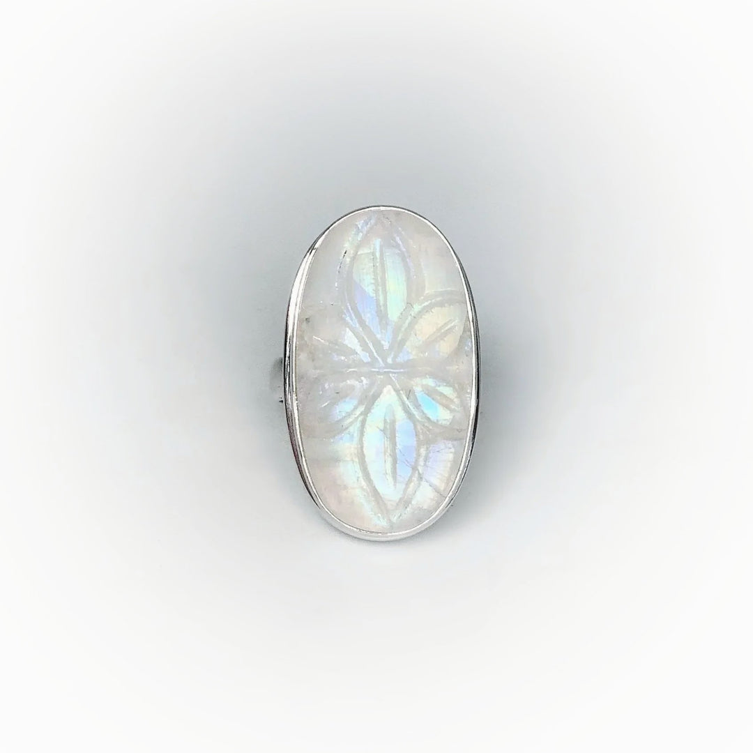 Rainbow Moonstone Flower Carving Ring