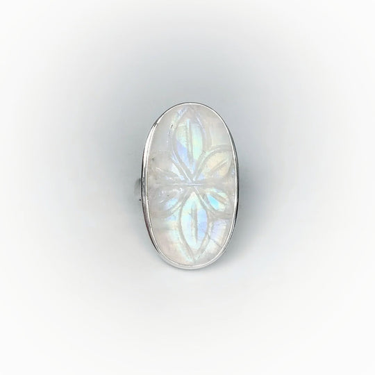 Rainbow Moonstone Flower Carving Ring