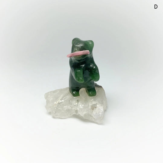 Jade Bear Carving with Rhodonite Fish on Base