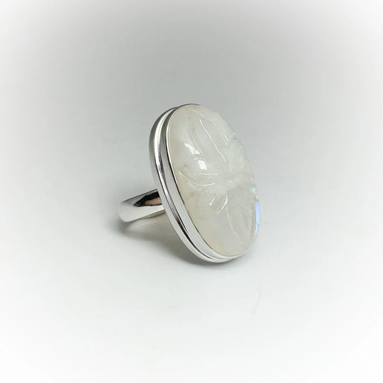 Rainbow Moonstone Flower Carving Ring