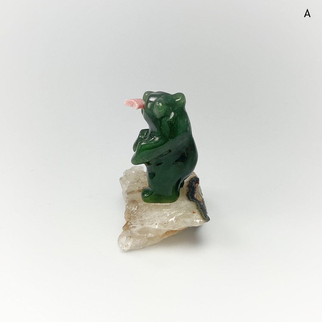 Jade Bear Carving with Rhodonite Fish on Base