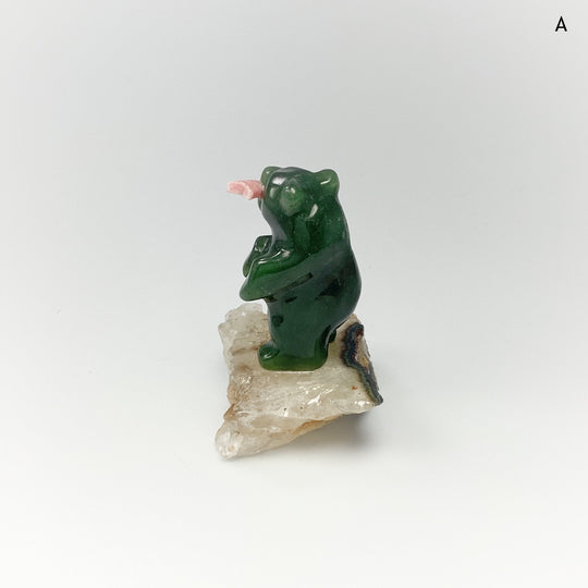 Jade Bear Carving with Rhodonite Fish on Base