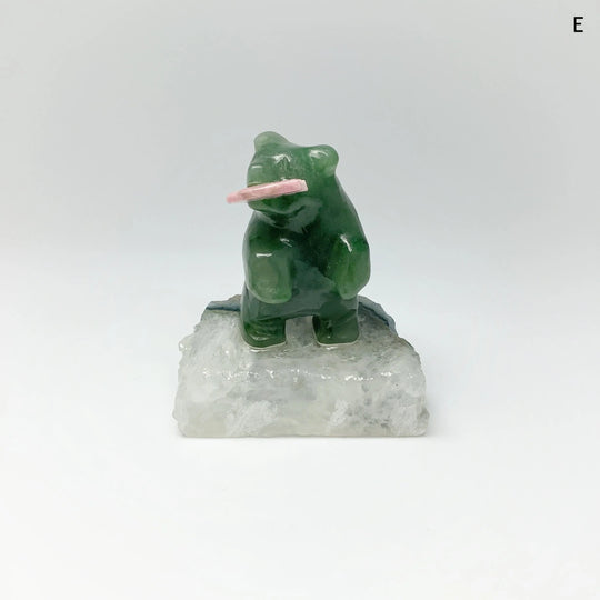 Jade Bear Carving with Rhodonite Fish on Base