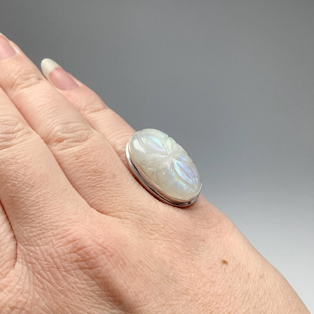 Rainbow Moonstone Flower Carving Ring