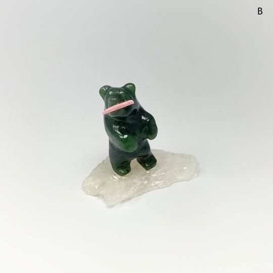 Jade Bear Carving with Rhodonite Fish on Base