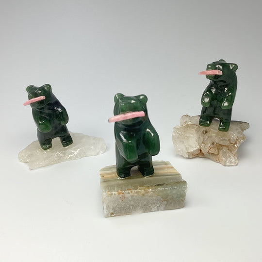 Jade Bear Carving with Rhodonite Fish on Base