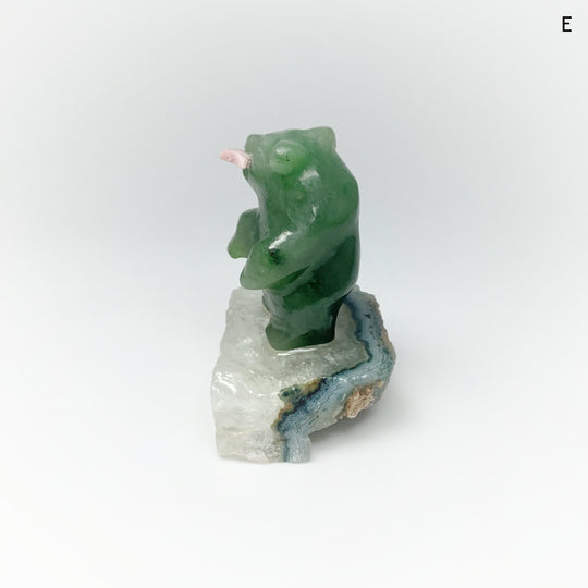 Jade Bear Carving with Rhodonite Fish on Base