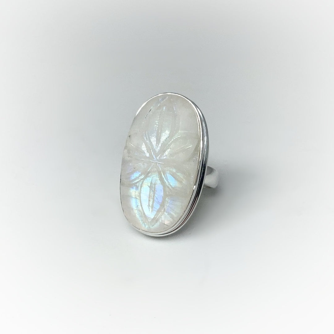 Rainbow Moonstone Flower Carving Ring