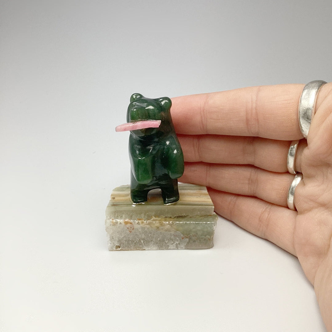 Jade Bear Carving with Rhodonite Fish on Base