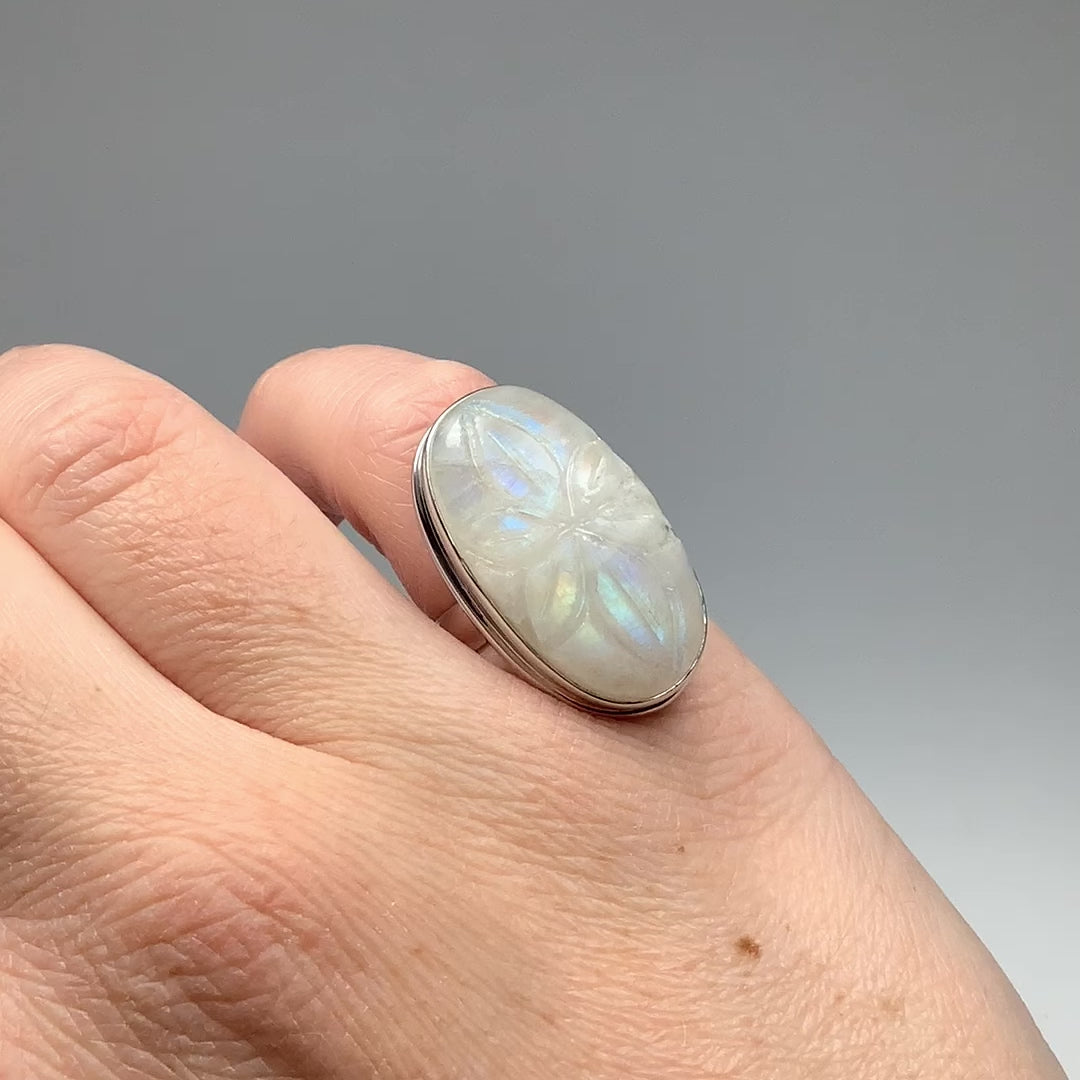 Rainbow Moonstone Flower Carving Ring