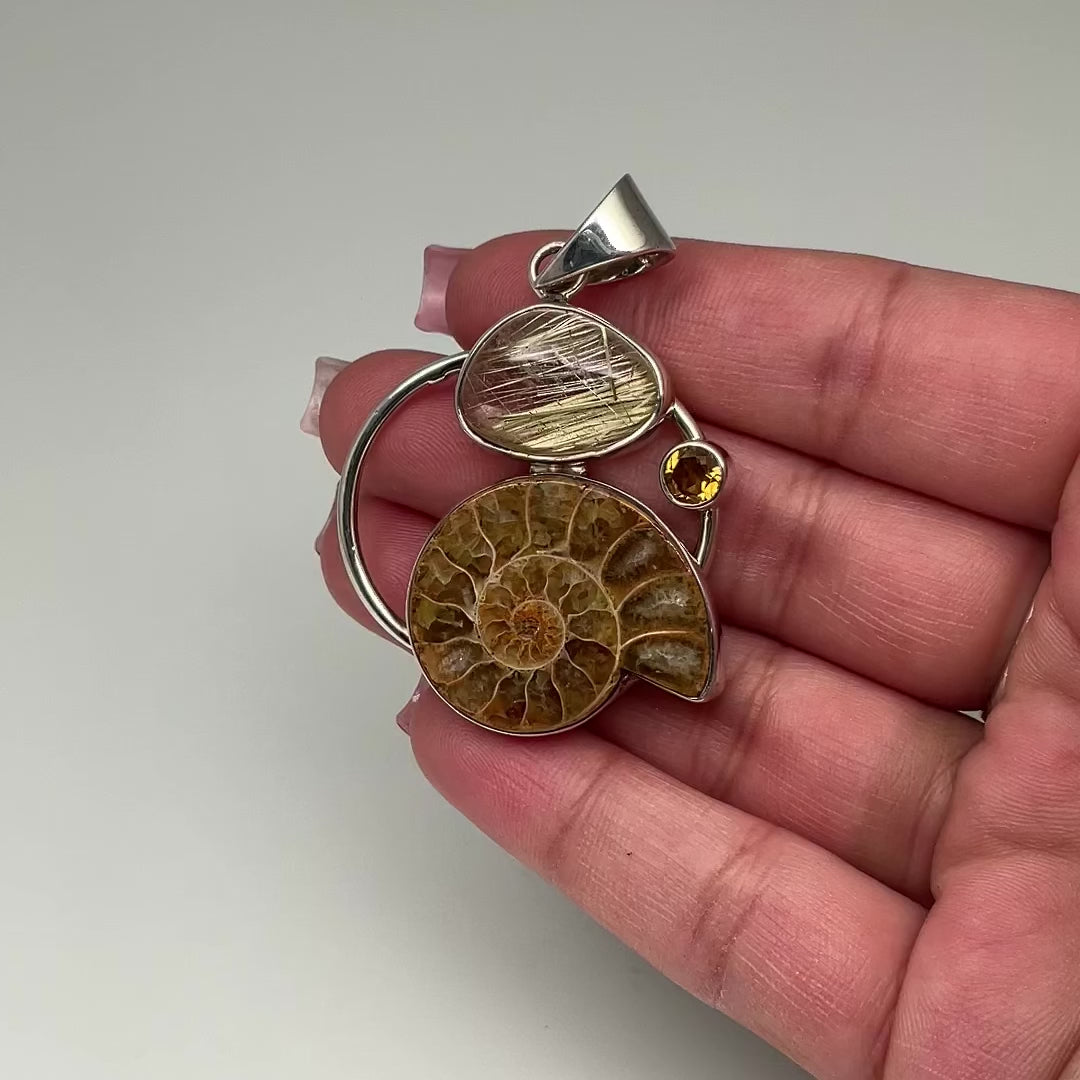 Golden Ammonite with Rutilated Quartz and Citrine Pendant