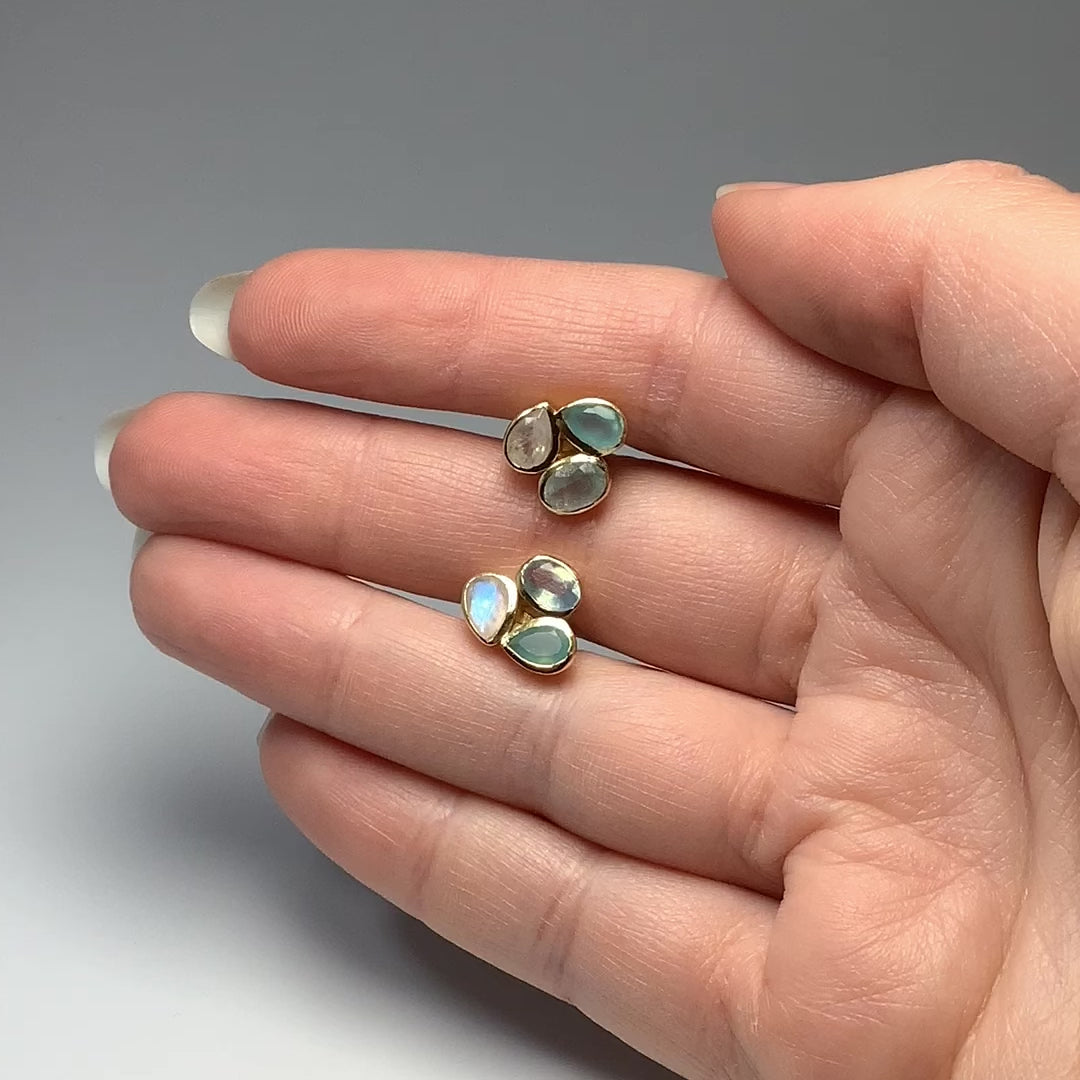 Rainbow Moonstone, Blue Onyx and Blue Topaz Stud Earrings