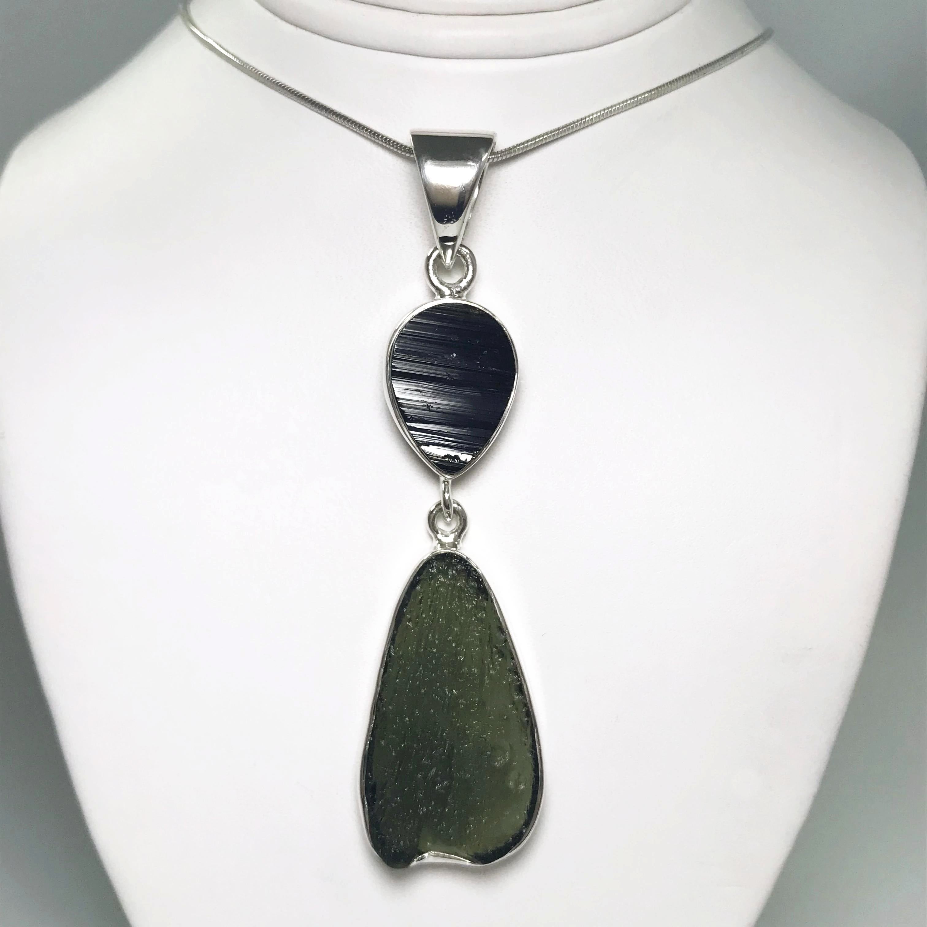 Moldavite Black Tourmaline Sterling Silver sale Pendant ( 731392 )