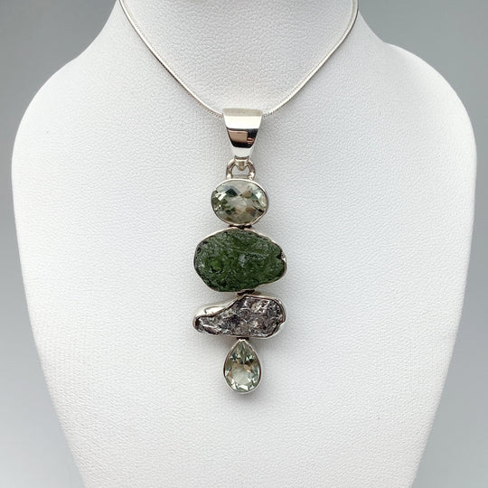 Moldavite with Green Amethyst and Campo Del Cielo Meteorite Pendant