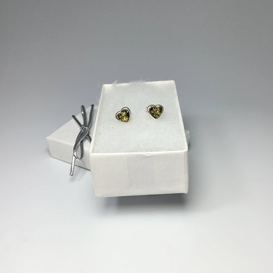 Green Amber Heart Stud Earrings