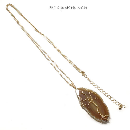 Tree of Life on Agate Slice Necklace - Gold Plated