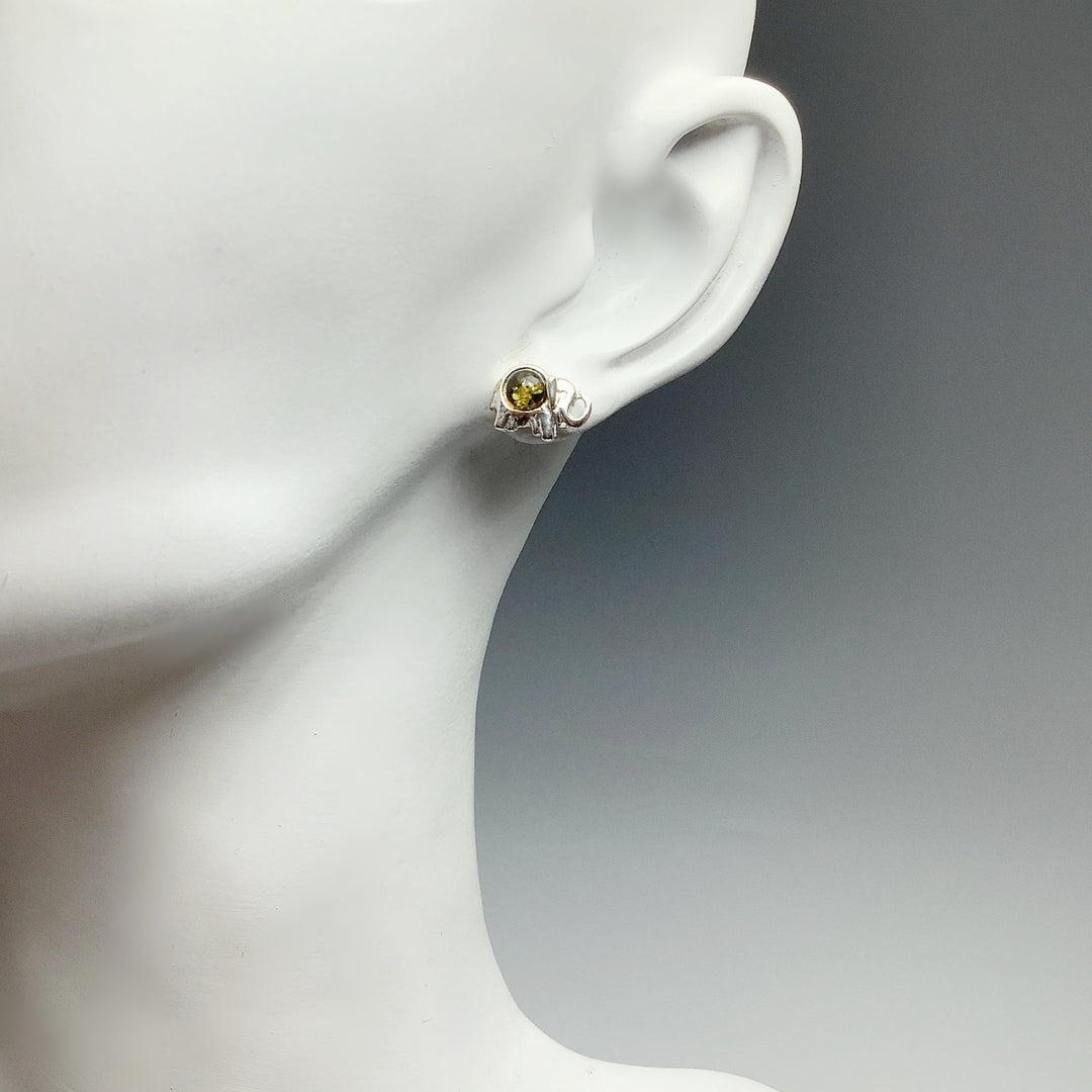 Green Amber Elephant Stud Earrings