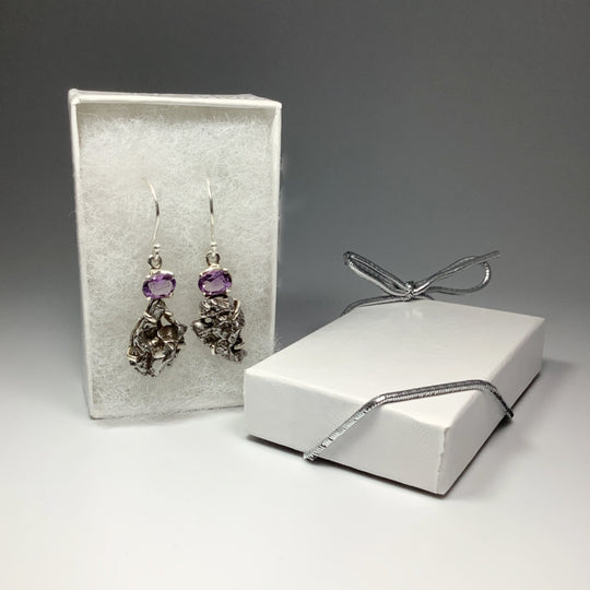 Campo Del Cielo Meteorite and Faceted Amethyst Dangle Earrings