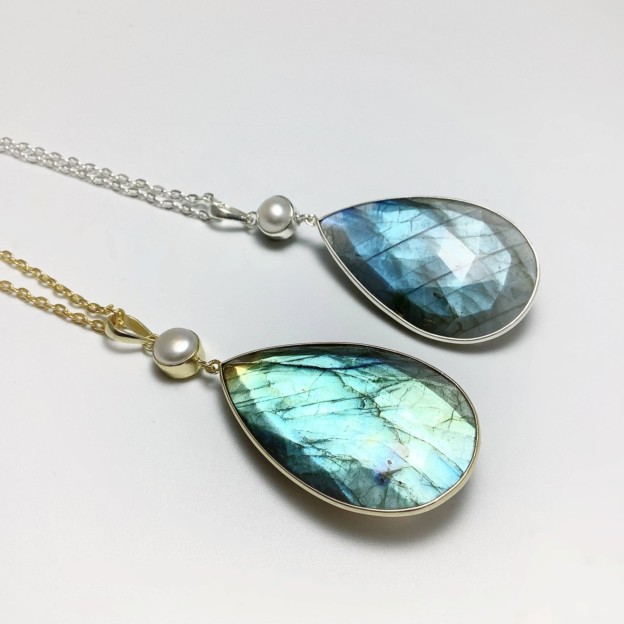 Faceted Labradorite and Pearl Pendant