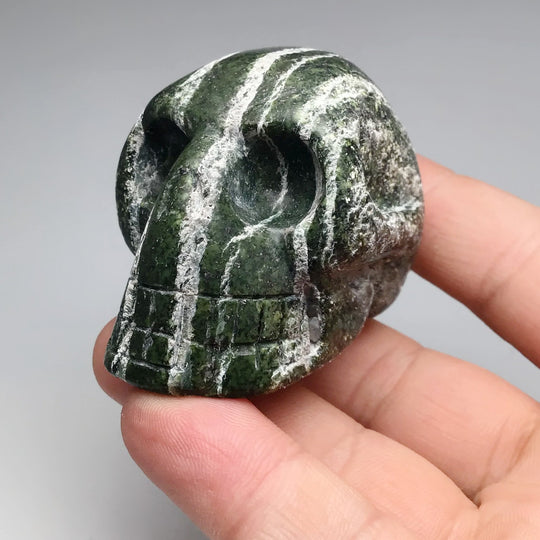 Carved Green Zebra Jasper Skull