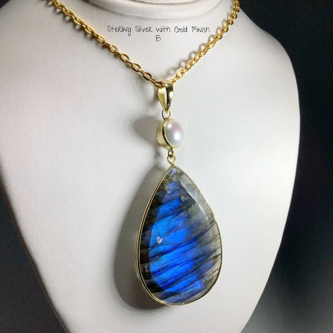 Faceted Labradorite and Pearl Pendant