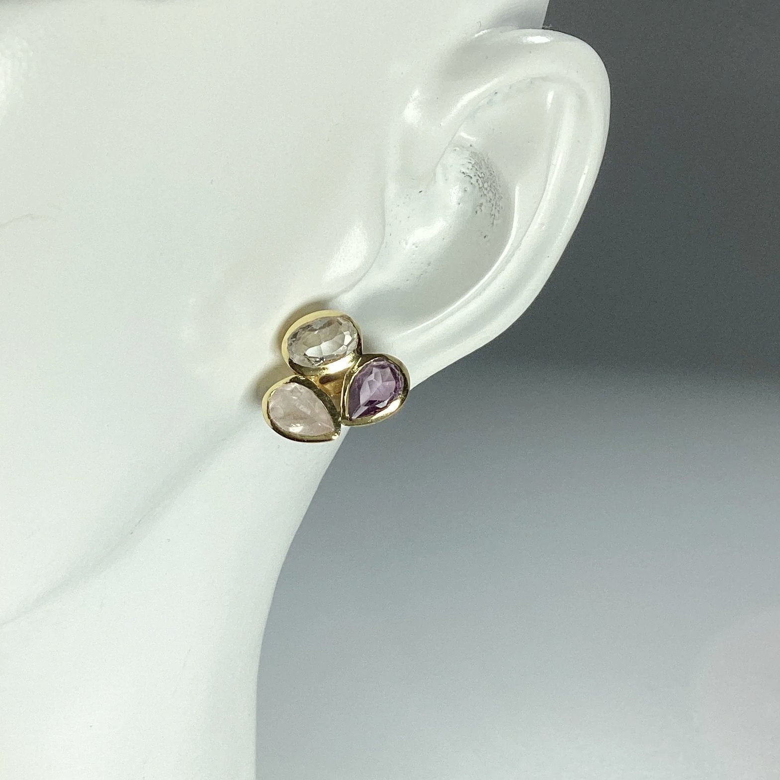 Clear Quartz, Rose Quartz and Amethyst Stud Earrings