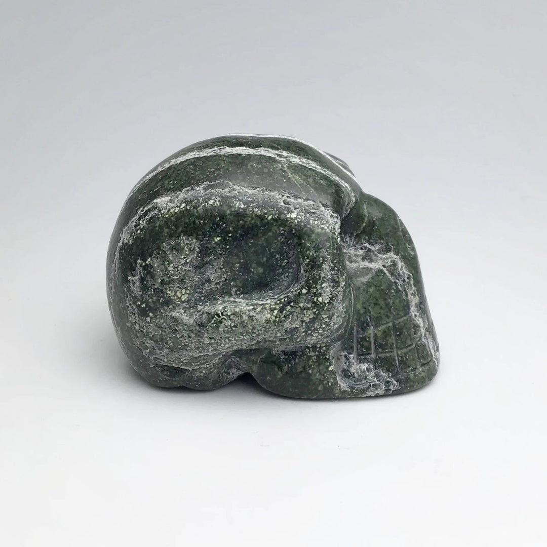 Carved Green Zebra Jasper Skull