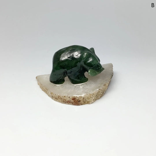 BC Jade Bear with Fish Carving on Natural Agate Base