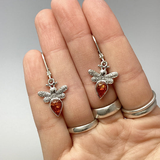 Cognac Amber Bee Dangle Earrings