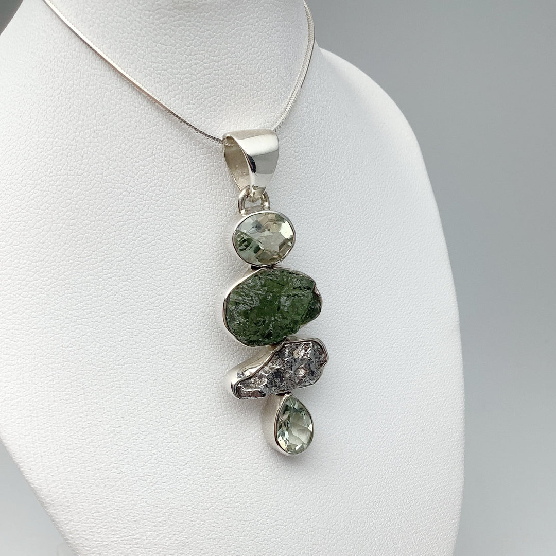 Moldavite with Green Amethyst and Campo Del Cielo Meteorite Pendant