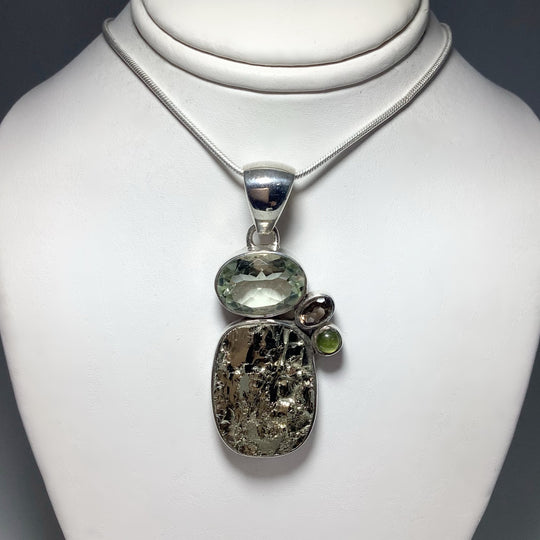 Iron Pyrite, Green Amethyst, Smoky Quartz and Peridot Pendant