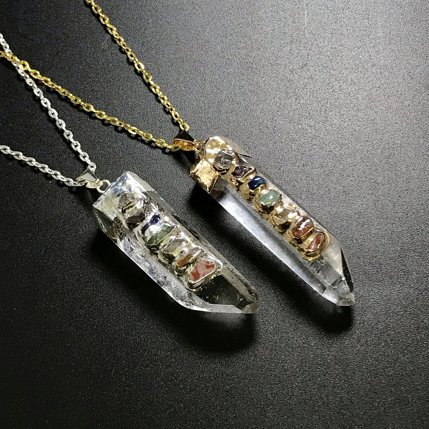 Quartz Point with Chakra Gemstones Necklace